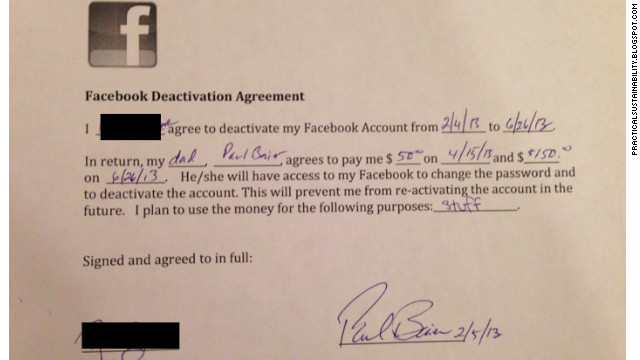 Here's the agreement between Paul Baier and his 14-year-old daughter, who he's paying $200 to quit Facebook for five months.